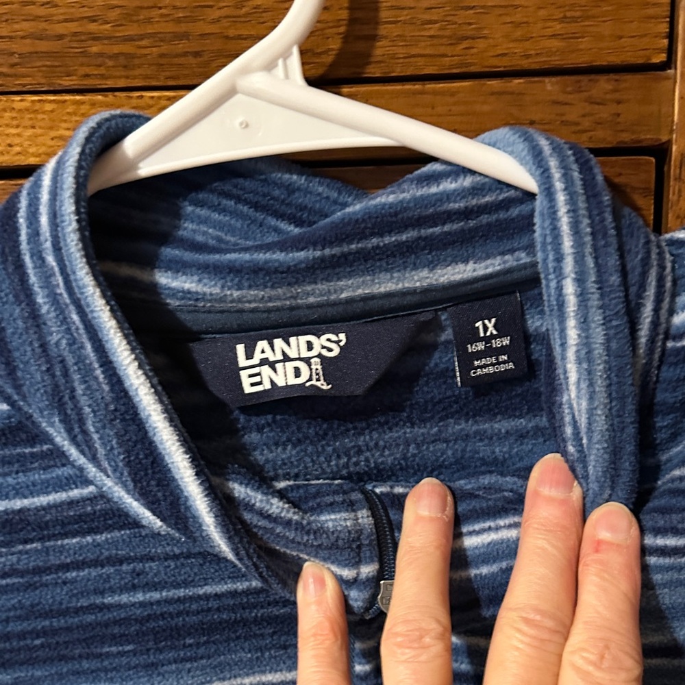 Lands End Striped Navy Quarter-Zip Pullover - Picture 2 of 3